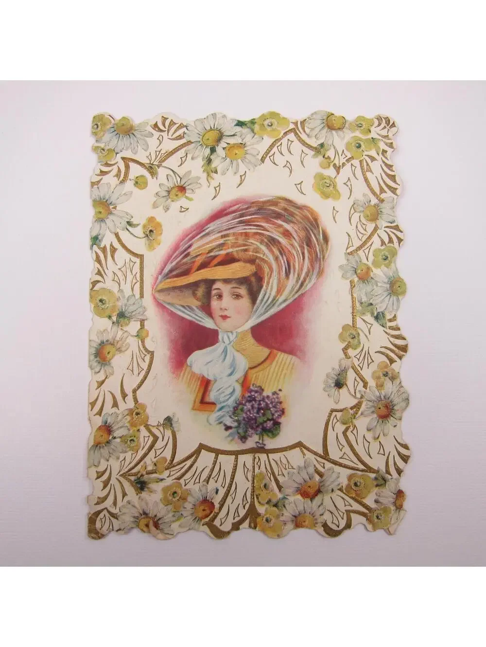 Vintage Valentine Card 1910s Woman Straw Hat Feather Scarf Flower Die cut Bifold